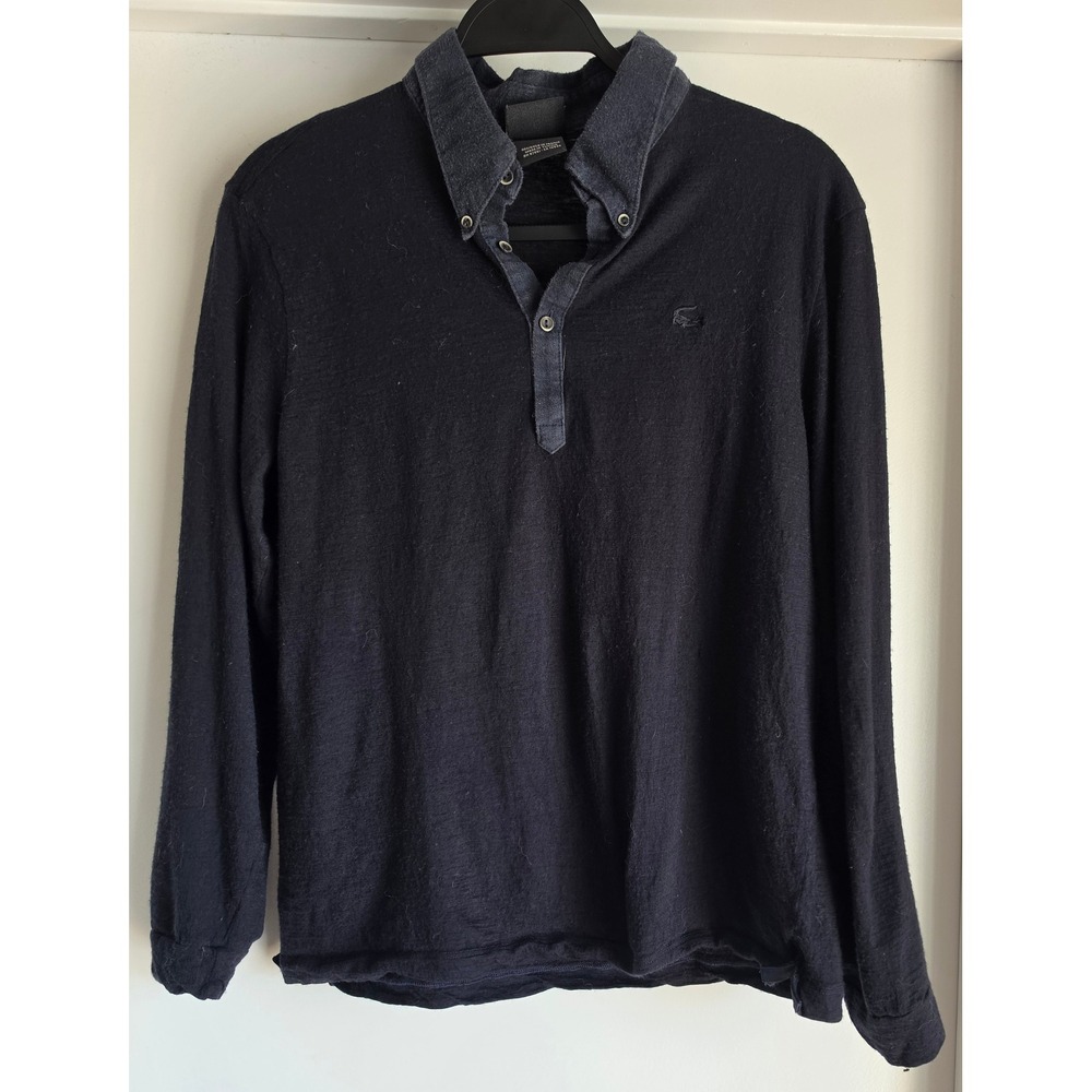 Lacoste Mens Long Sleeve Polo Shirt Navy Blue Button Down Collar Size L